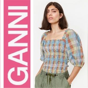GANNI Smocked Check Puff Sleeve Top Size 34
